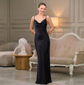 Floor-length black satin slip dress – front view