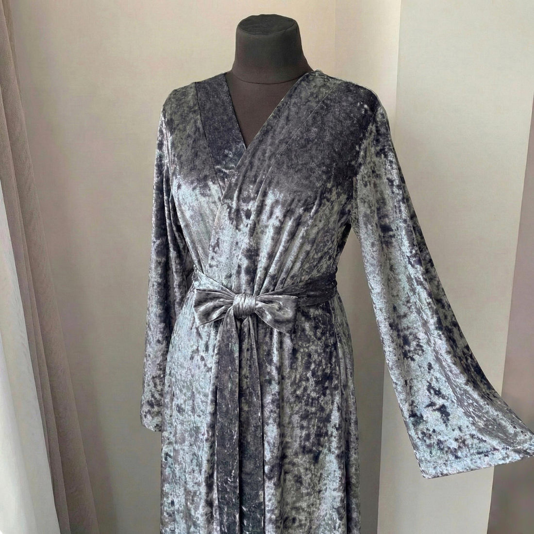 Silver gray crushed velvet robe with V-neck wrap and matching belt