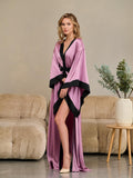Long purple bridal satin robe styled with matching waist belt and black accents