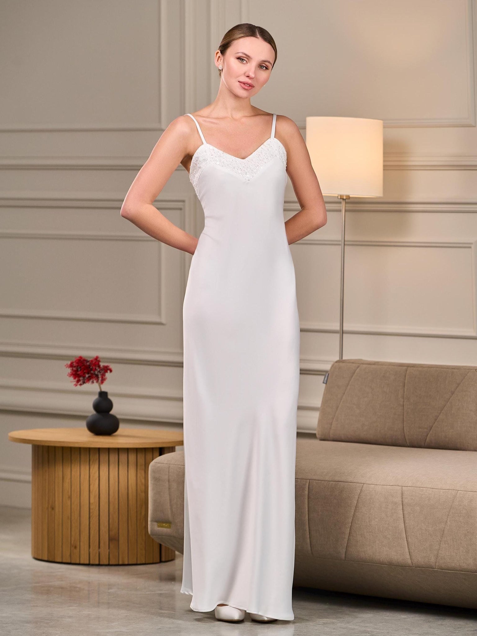 Long slip dress: elegant bridal nightgown with beaded V-Neckline Ivory, XL Long slip dress: elegant bridal nightgown with beaded V-Neckline Ivory, XL
