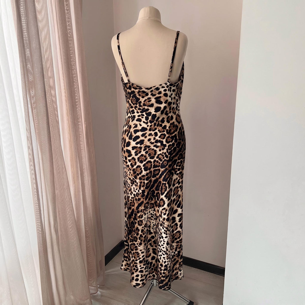 Leopard print nightgown with floor length hem and elegant satin finish