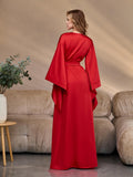Back view of a long red satin kimono robe with flowing sleeves