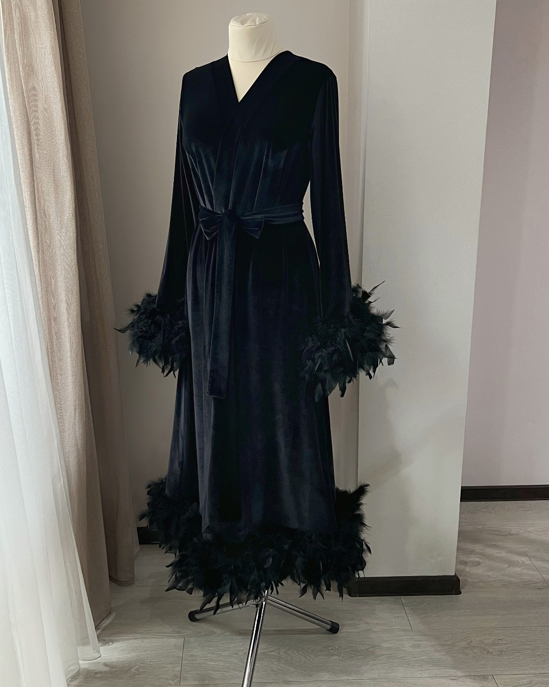 Elegant Black Velvet robe with Feather Trim | Handmade BellaDonnaUa Elegant Black Velvet robe with Feather Trim | Handmade BellaDonnaUa