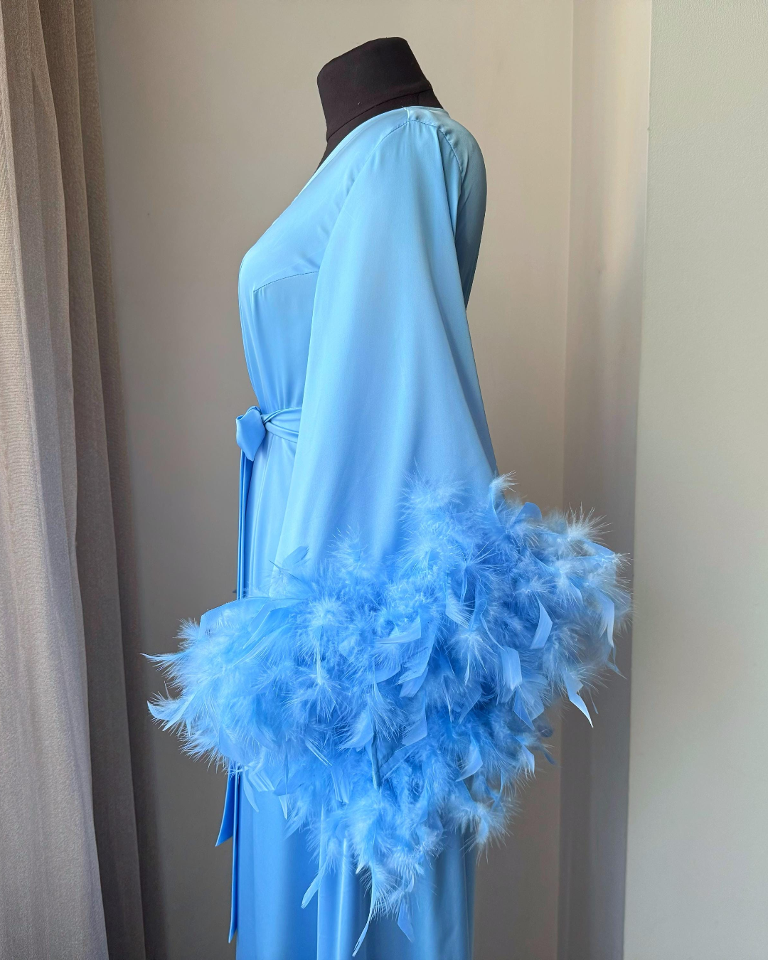 Light blue feather bridal robe: Long silk kimono with soft sleeves, XL / White Light blue feather bridal robe: Long silk kimono with soft sleeves, XL / White