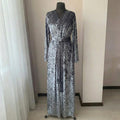 Silver gray crushed velvet robe close-up of V-neck neckline
