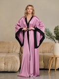 Handmade purple kimono dressing gown with wide sleeves and black satin belt