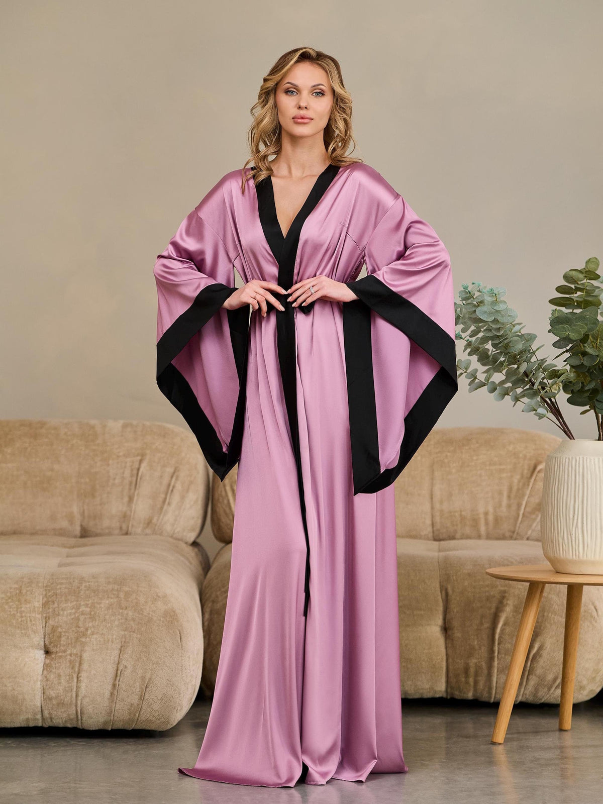 Handmade purple kimono dressing gown with wide sleeves and black satin belt