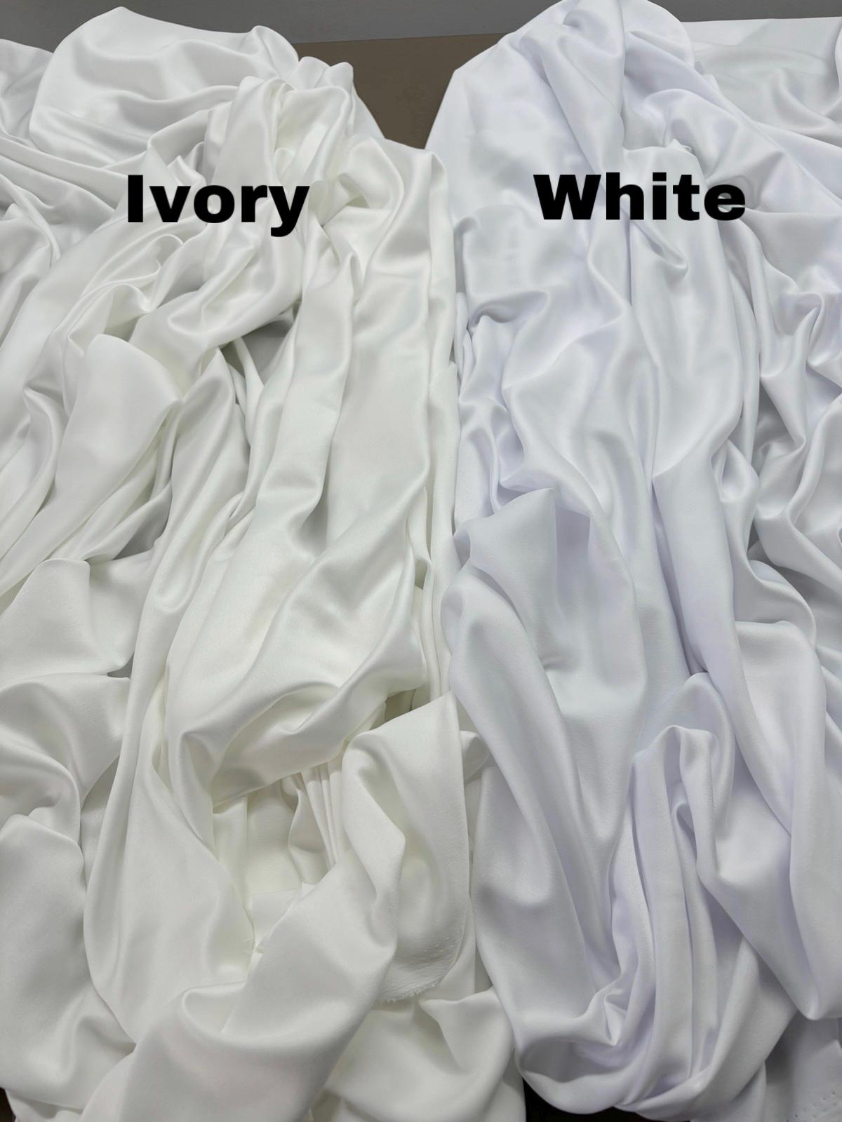 Ivory and white satin fabric swatches for the maxi slip dress