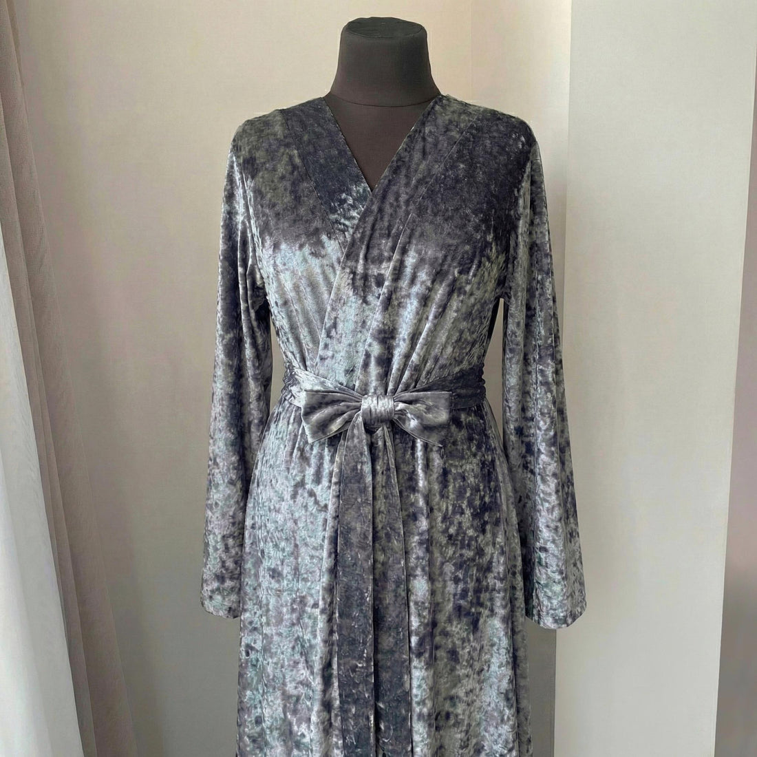 Silver gray crushed velvet robe with V-neck wrap and matching belt