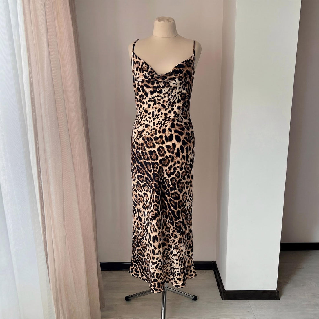 Long leopard print satin slip nightgown with draped cowl neckline and maxi silhouette