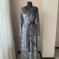 Silver gray crushed velvet robe detail of waist belt