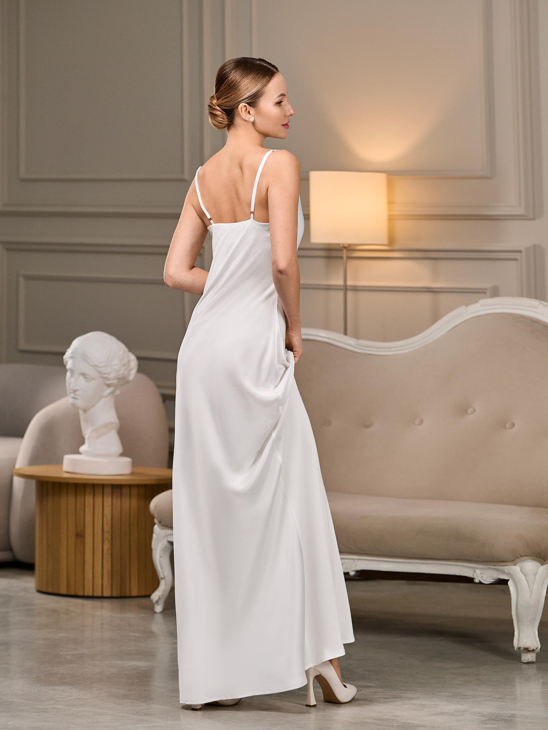 White satin maxi slip dress with cowl neck – BellaDonnaUa
