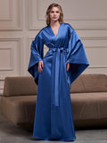 Navy blue satin kimono robe with tie belt – full-length front view on model