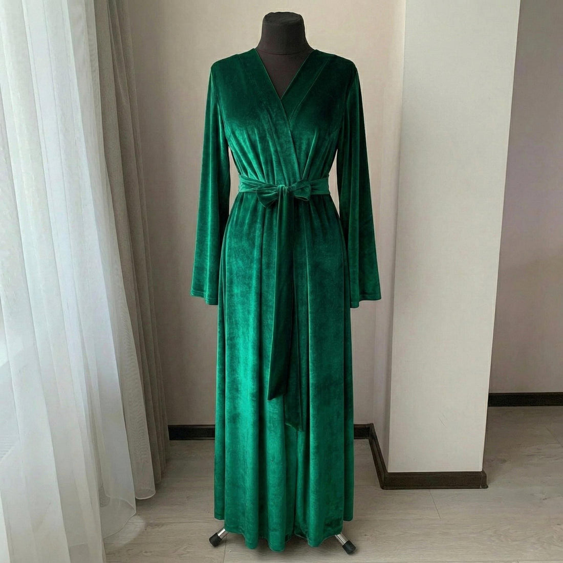 Crushed velvet green robe, long handmade kimono wrap robe