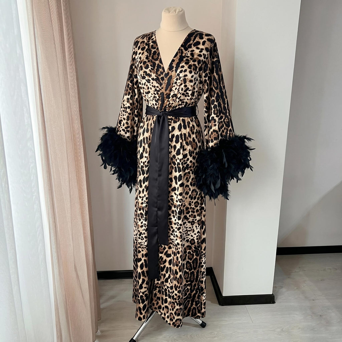 Elegant leopard animal print satin robe styled for boudoir and luxury loungewear