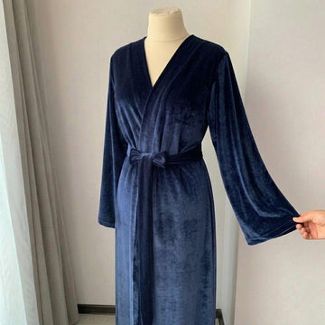 Blue velvet robe women, Long velvet dressing gown, Floor length kimono robe
