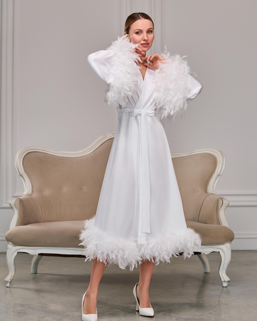 Dramatic Feather Robe White bridal robe with feather trim | Handmade ️ – BellaDonnaUa