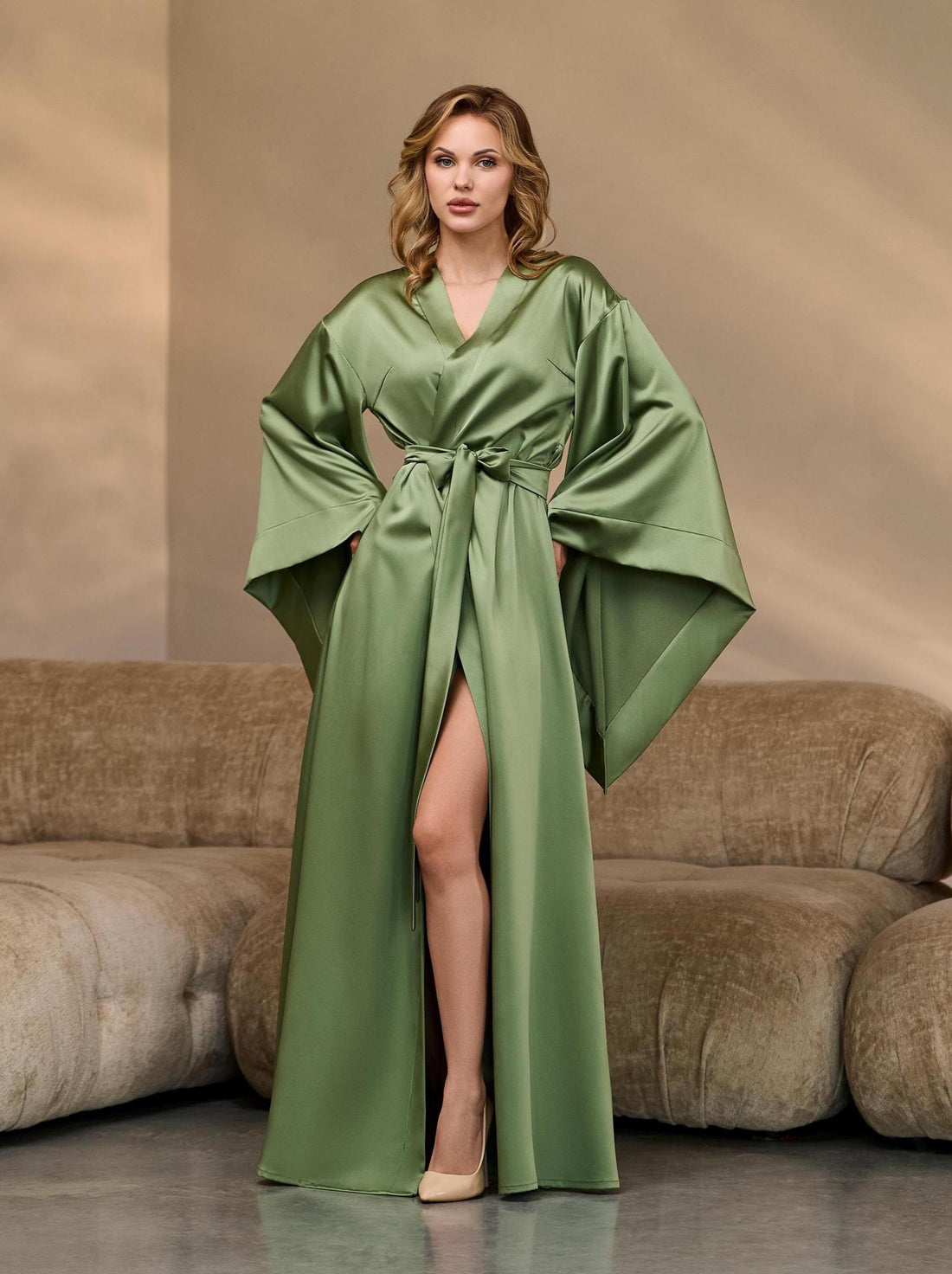 Green silk kimono robe for women, floor-length with dramatic 3/4 sleeves – front view on model