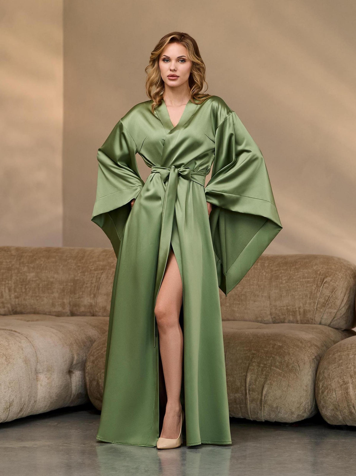 Green silk kimono robe for women, floor-length with dramatic 3/4 sleeves – front view on model