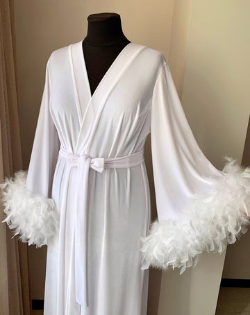 White velvet feather robe, long bridal robe with double feather cuffs