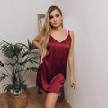 Burgundy satin slip dress with adjustable straps and flowing short nightgown silhouette