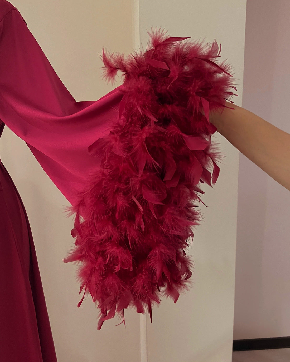 a woman's red dress with a feather trim