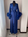 Blue Long bridal robe with feathers 