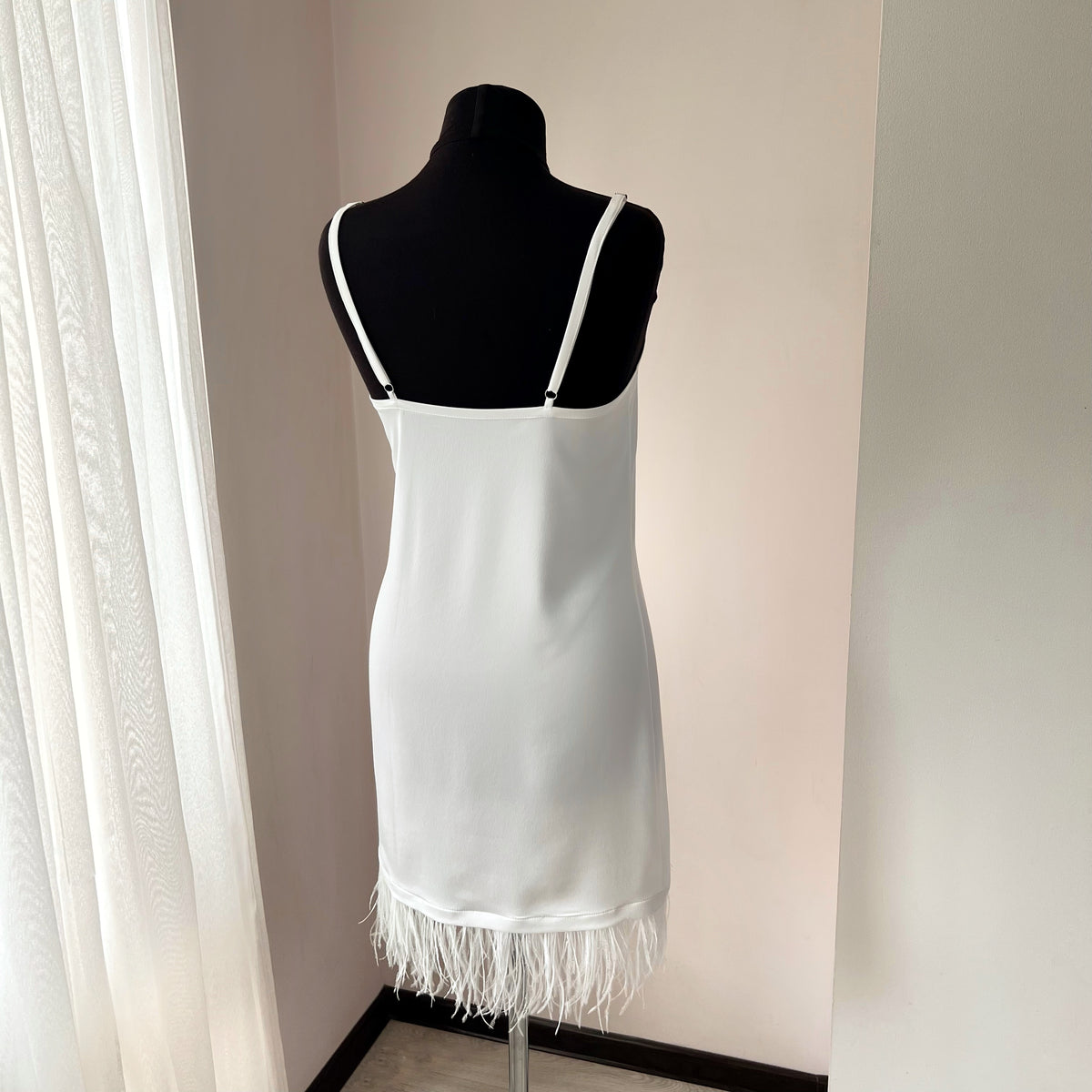 Bridal satin nightgown with adjustable straps and delicate ostrich feather trim