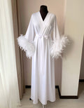 White Long bridal robe with feathers 