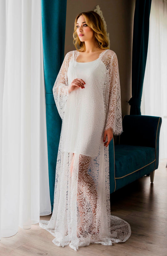 Sheer lace robe and slip