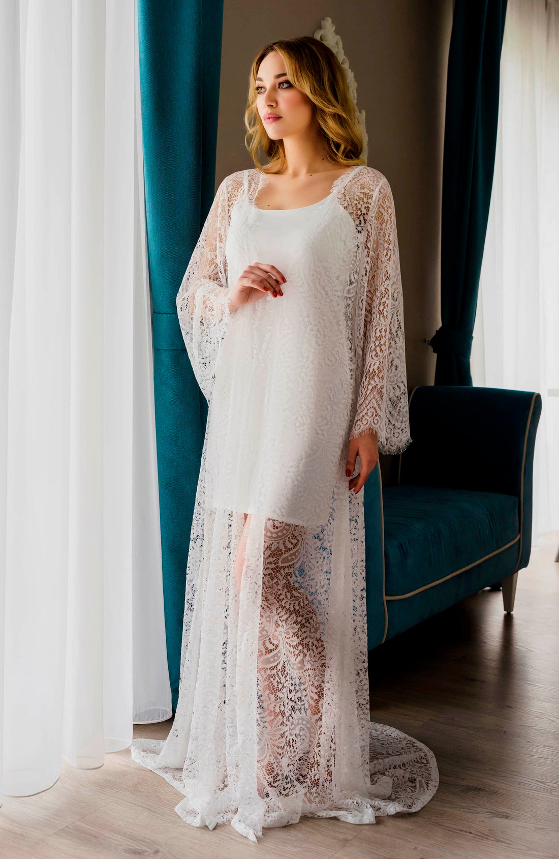 Sheer lace robe and slip