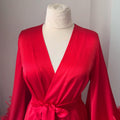 Top part of red satin robe with belt and V-neckline, handmade bridal dressing gown