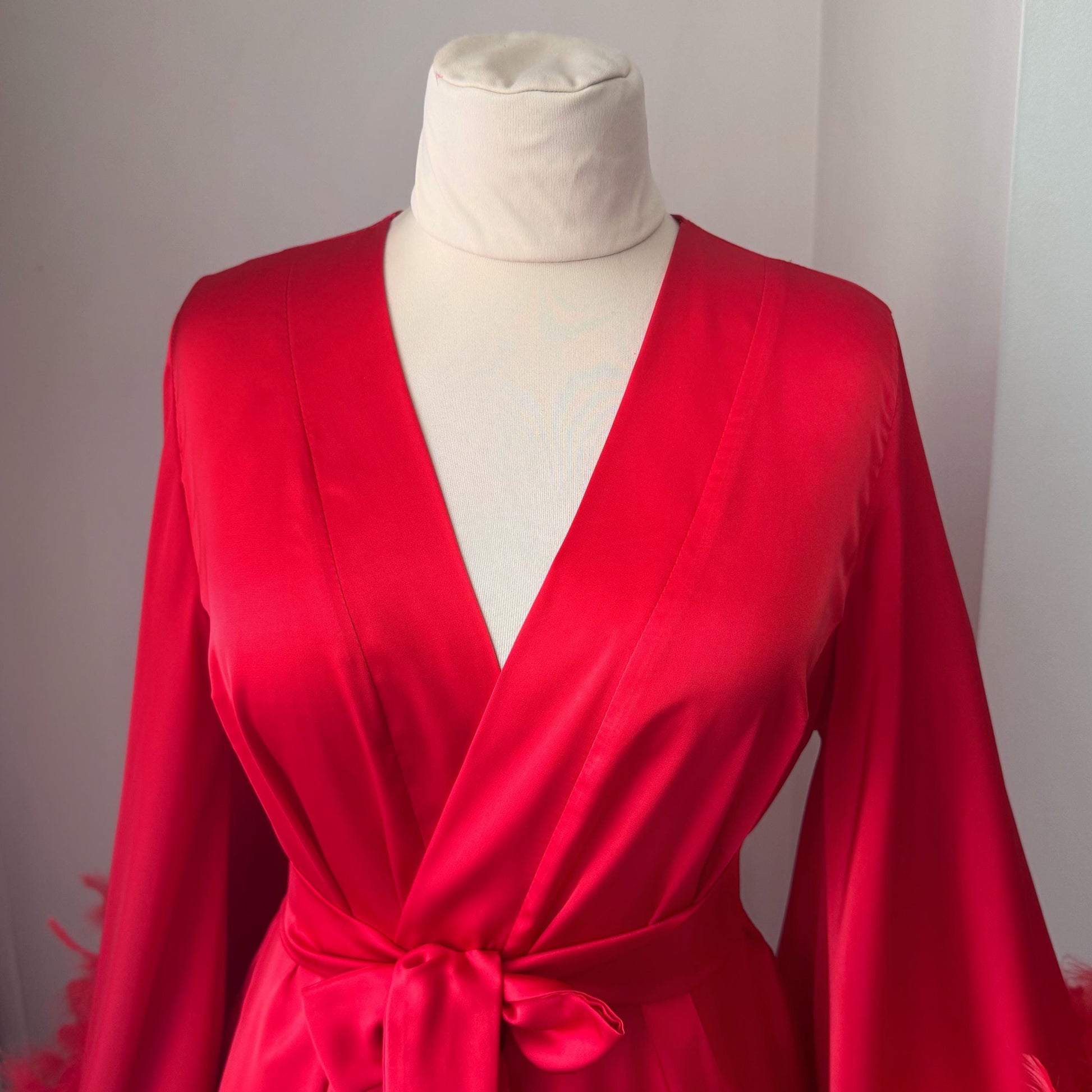Top part of red satin robe with belt and V-neckline, handmade bridal dressing gown