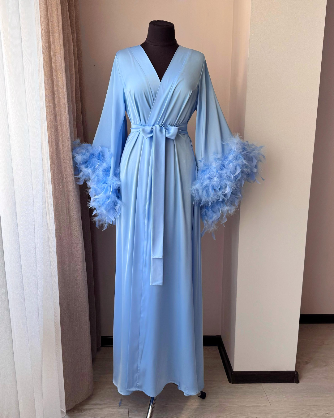 Light blue feather bridal robe: Long silk kimono with soft sleeves, XL / White Light blue feather bridal robe: Long silk kimono with soft sleeves, XL / White