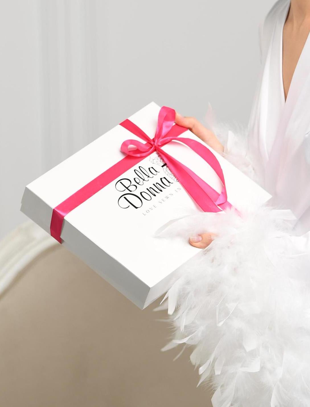 BellaDonna bridal gift box with logo and pink satin ribbon