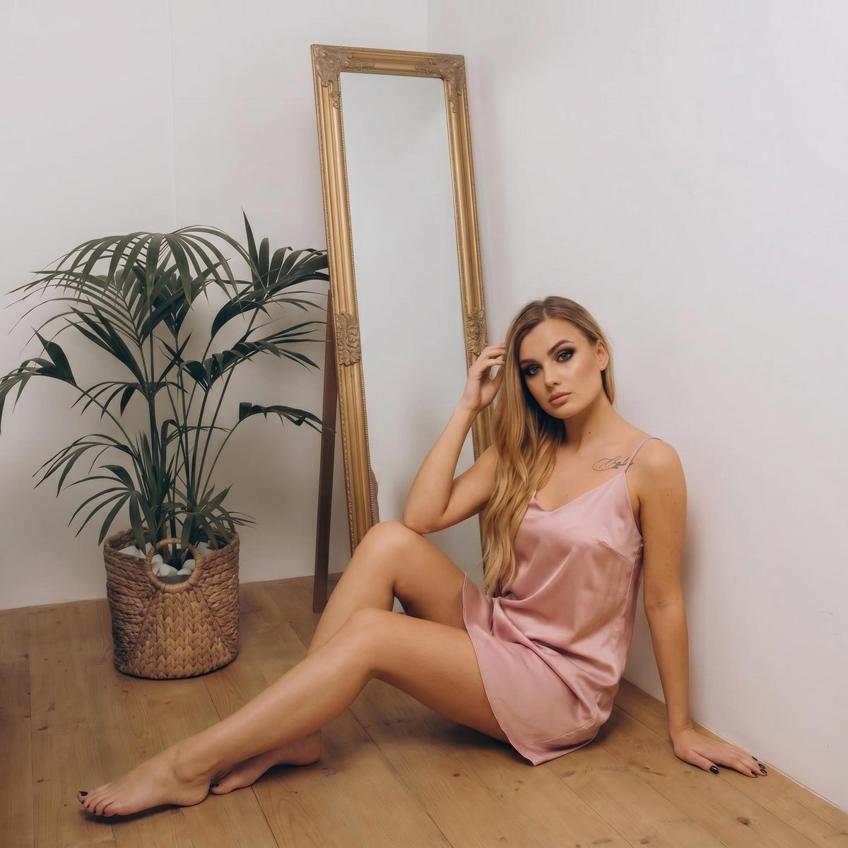 Pink satin slip dress handmade bridal nightgown with delicate straps and short flowing silhouette, product photo 7