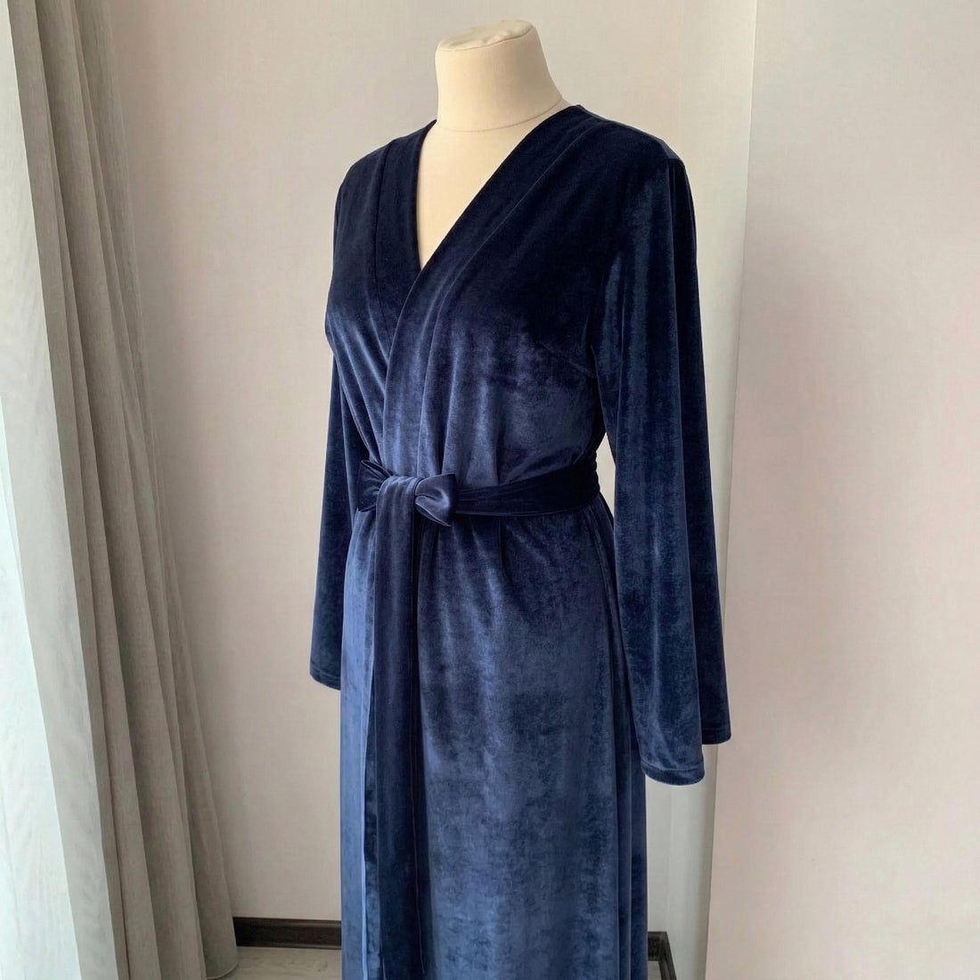 Blue velvet robe, long wrap-style dressing gown