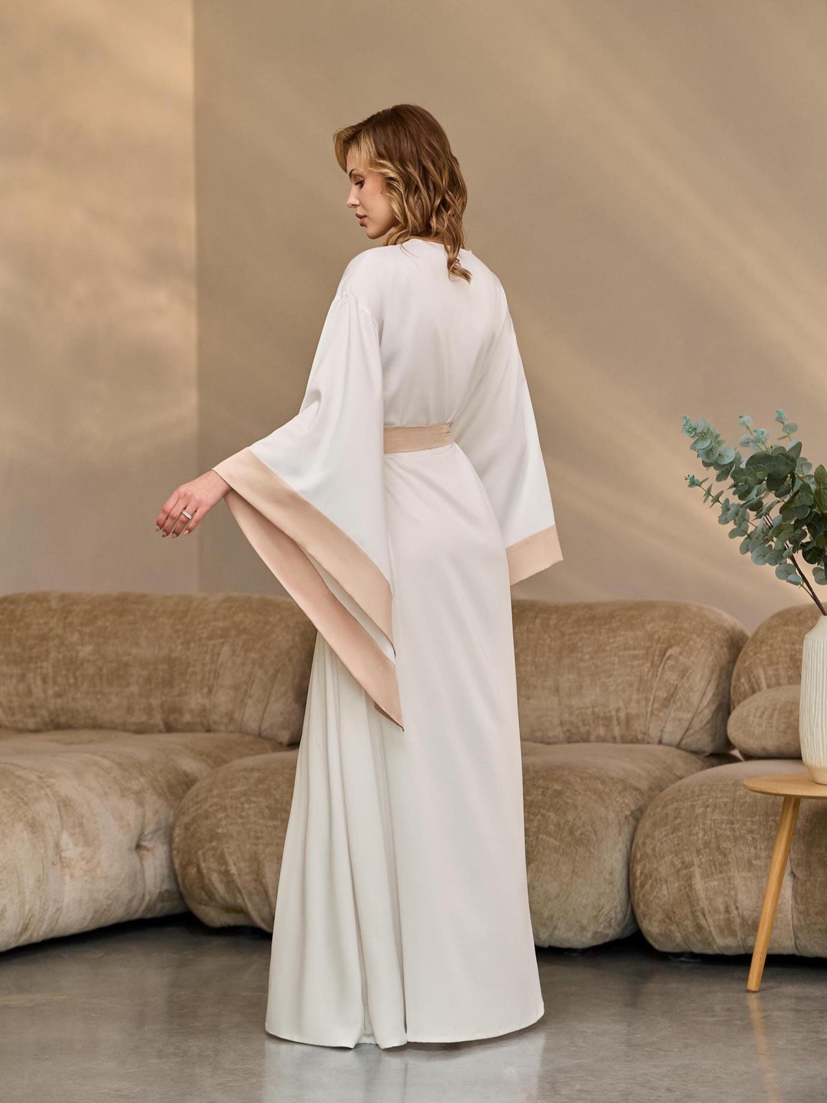 Back view of long ivory silk satin bridal robe