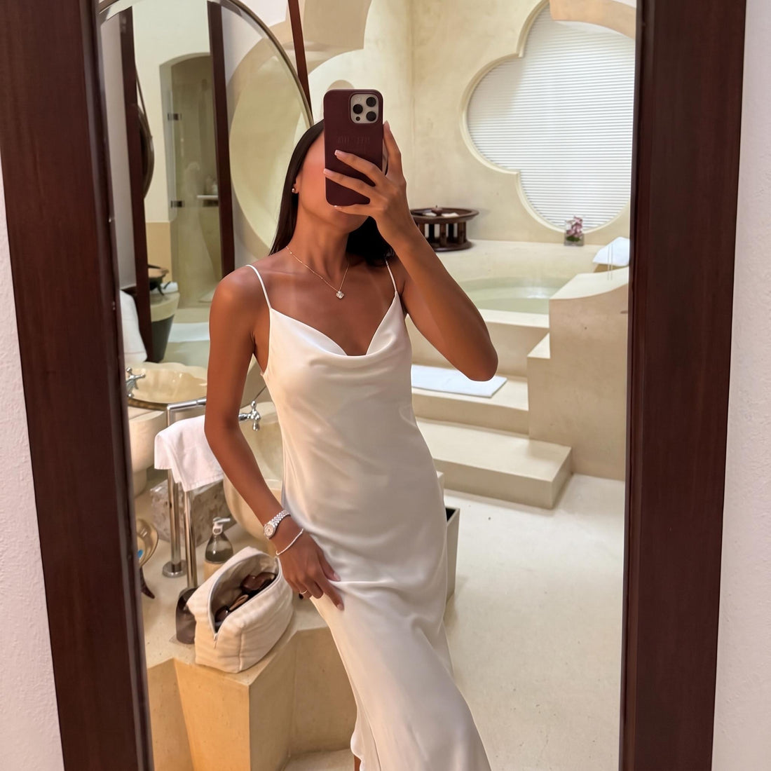 Ivory satin midi slip dress with draped cowl neck – BellaDonnaUa