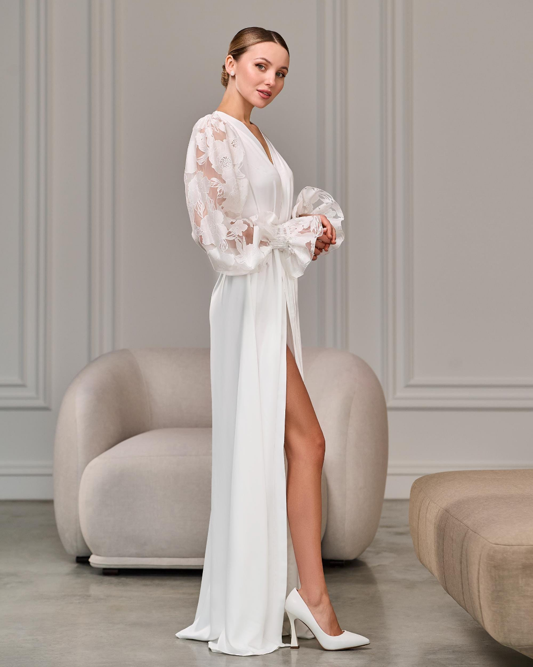 Revaling Robe Ivory bridal robe with puff sleeves | Handmade ️ – BellaDonnaUa