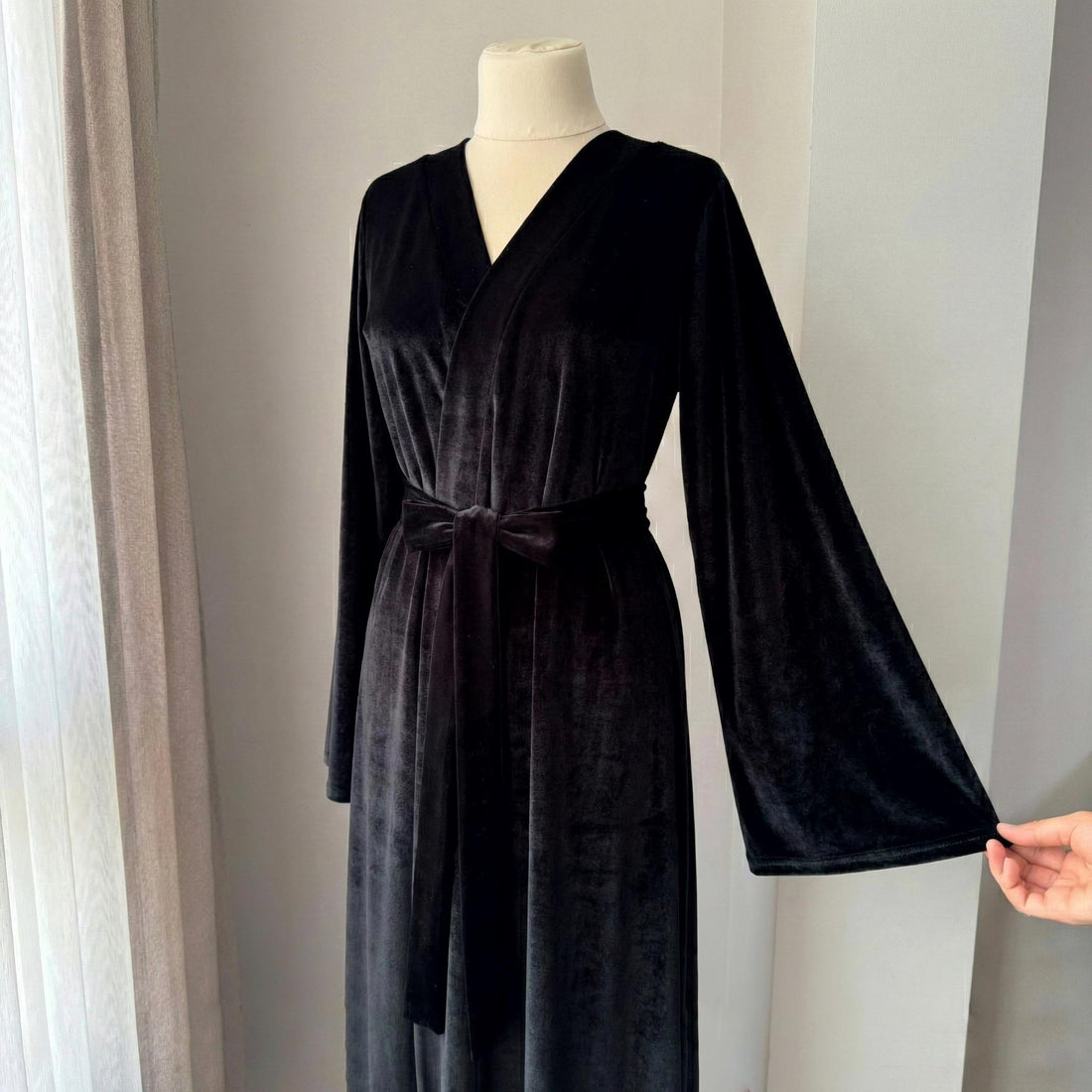 Black velvet robe, long handmade kimono wrap robe