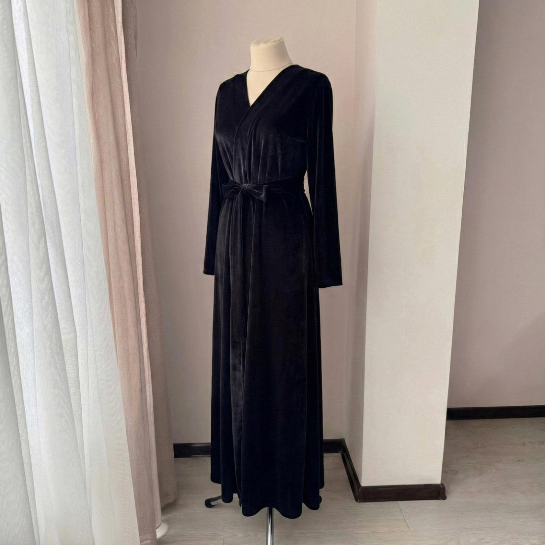 Black velvet robe, long handmade kimono wrap robe