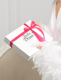 BellaDonnaUa gift box with pink ribbon – packaging for the black feather slip dress