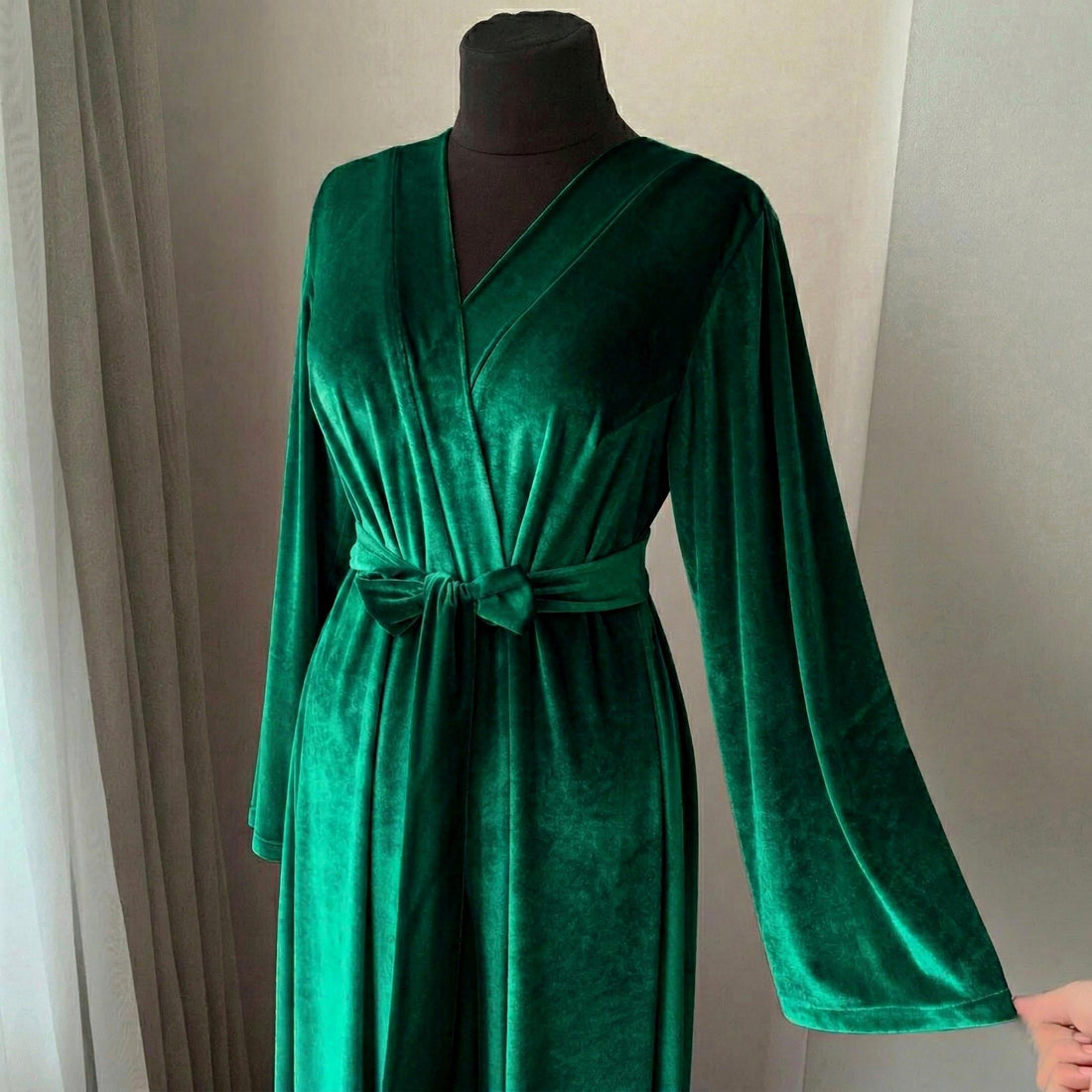 Crushed velvet green robe, long handmade kimono wrap robe