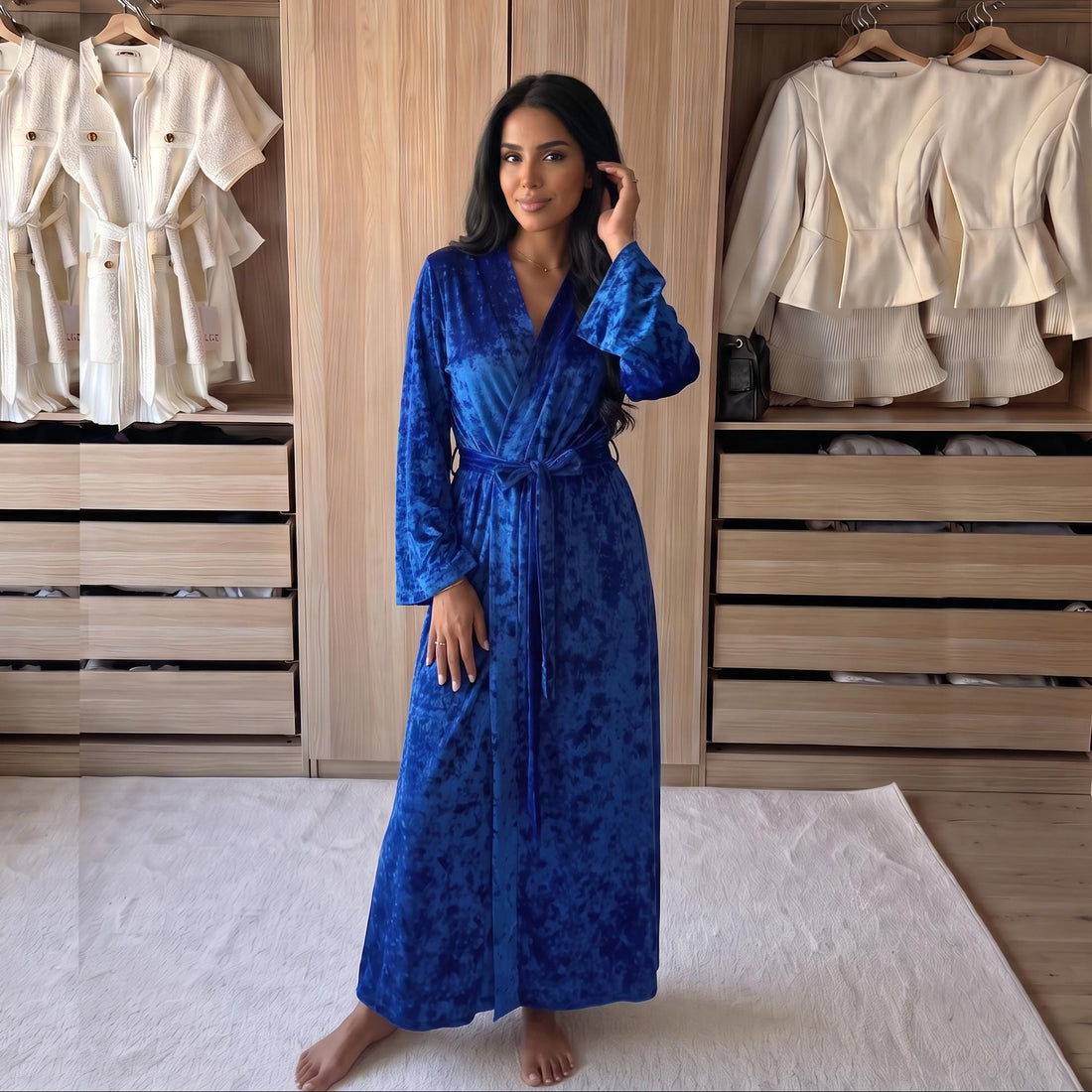 Royal blue crushed velvet robe, floor-length with tie belt, worn by model – front view