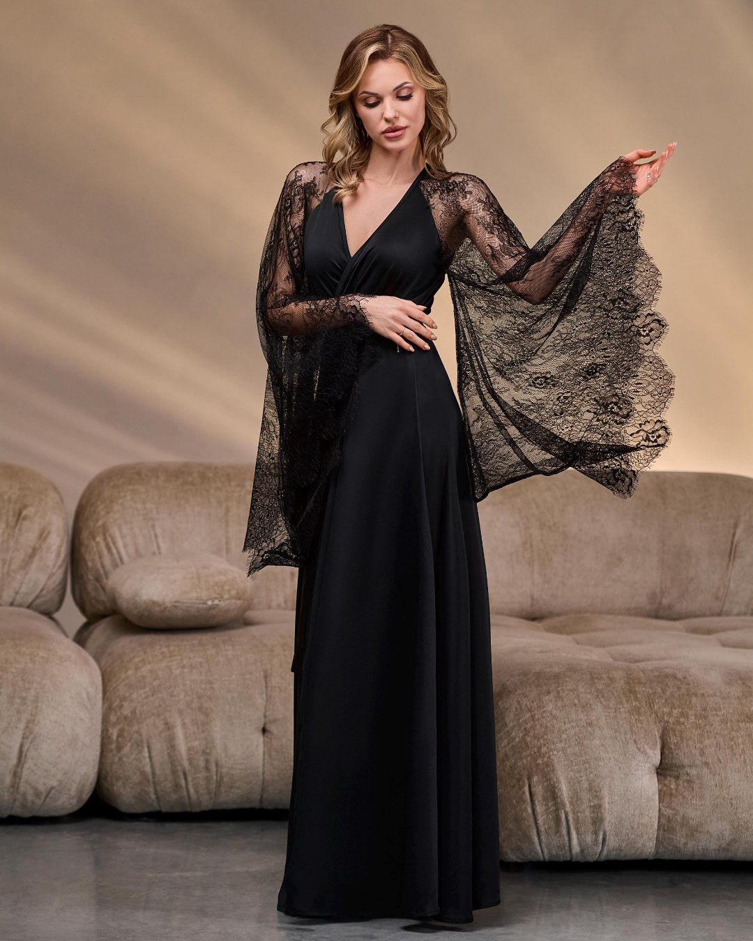 Black kimono lace robe Long Handmade, Black / S Black kimono lace robe Long Handmade, Black / S