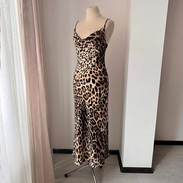 Long leopard print satin slip nightgown with draped cowl neckline and maxi silhouette