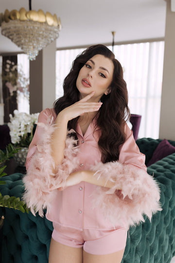 Handmade pink pajamas with feathers and matching shorts