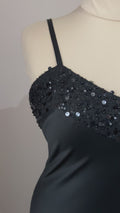 Video of long black satin slip nightgown with sequin and bead neckline