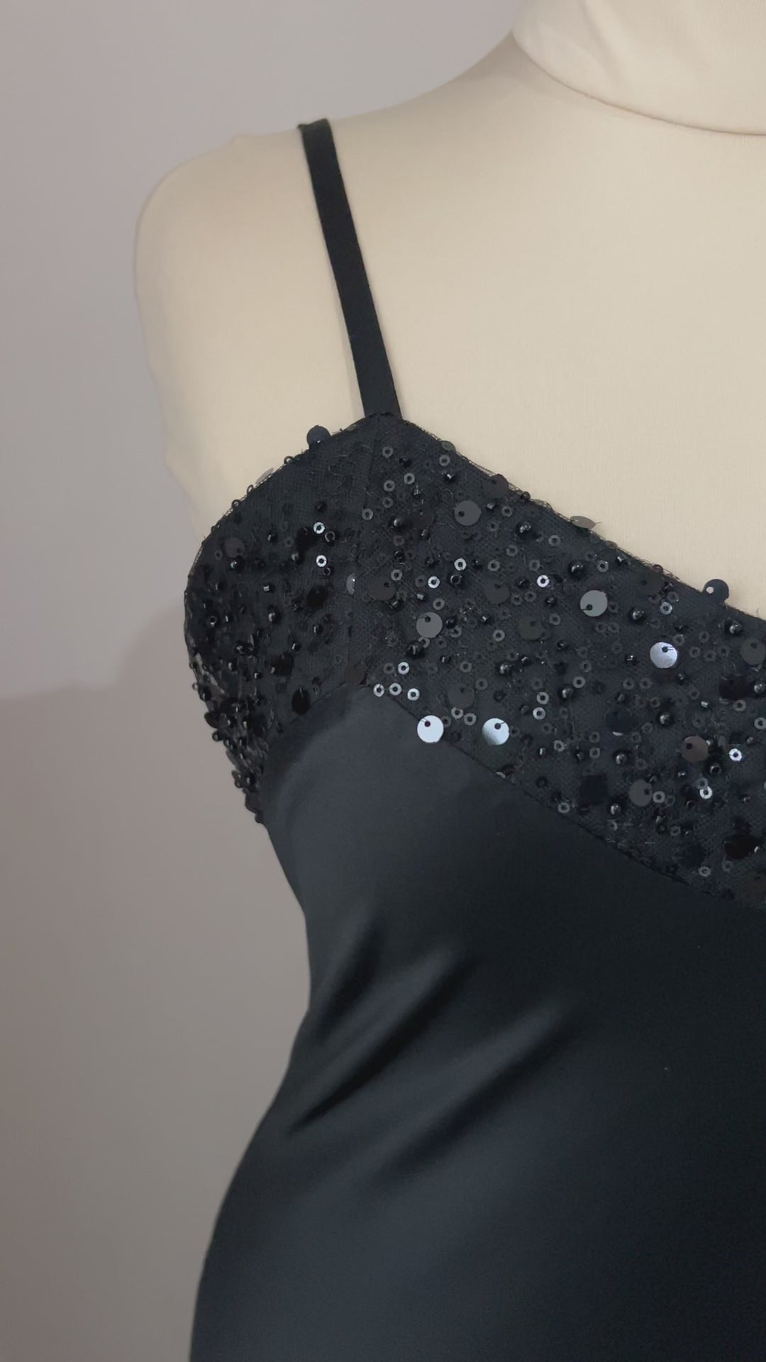 Video of long black satin slip nightgown with sequin and bead neckline